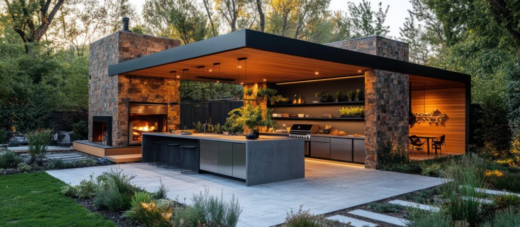 Covered outdoor kitchen with a stone fireplace, concrete island with bar stools, built-in grill, and paver patio at dusk.