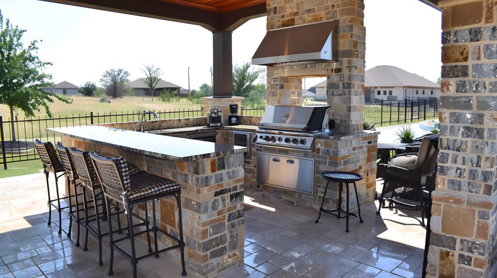 Covered patio outdoor kitchen with stone bar counter, four bar stools, built-in grill, stainless vent hood and paver floor