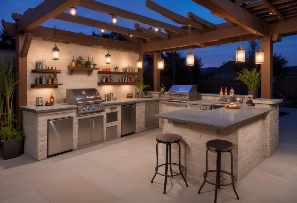 Outdoor kitchen at dusk with stone base cabinets, two grills, stainless appliances, bar island with stools and a lit pergola