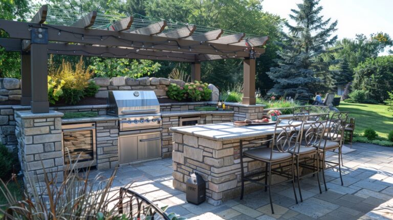 Outdoor kitchen with stacked stone counters, stainless grill, pergola with string lights, and a stone bar island with chairs