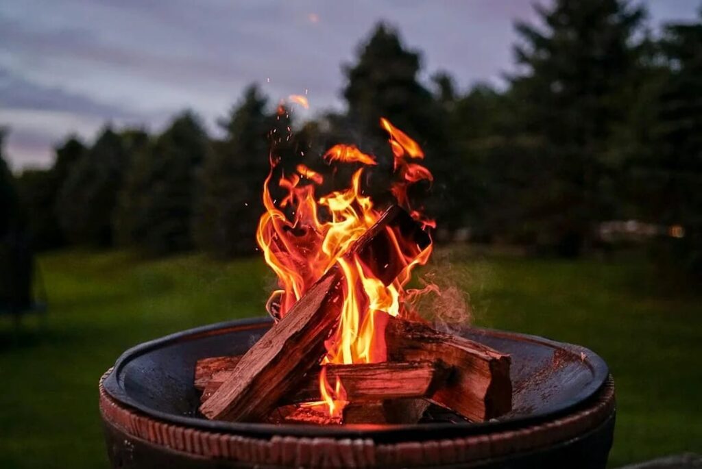 Split logs burning in a round metal fire pit at dusk with a lawn and evergreen trees in the background